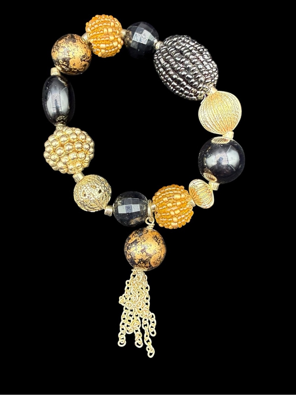 Vintage Gold and Black Beaded Tassel Stretch Bracelet